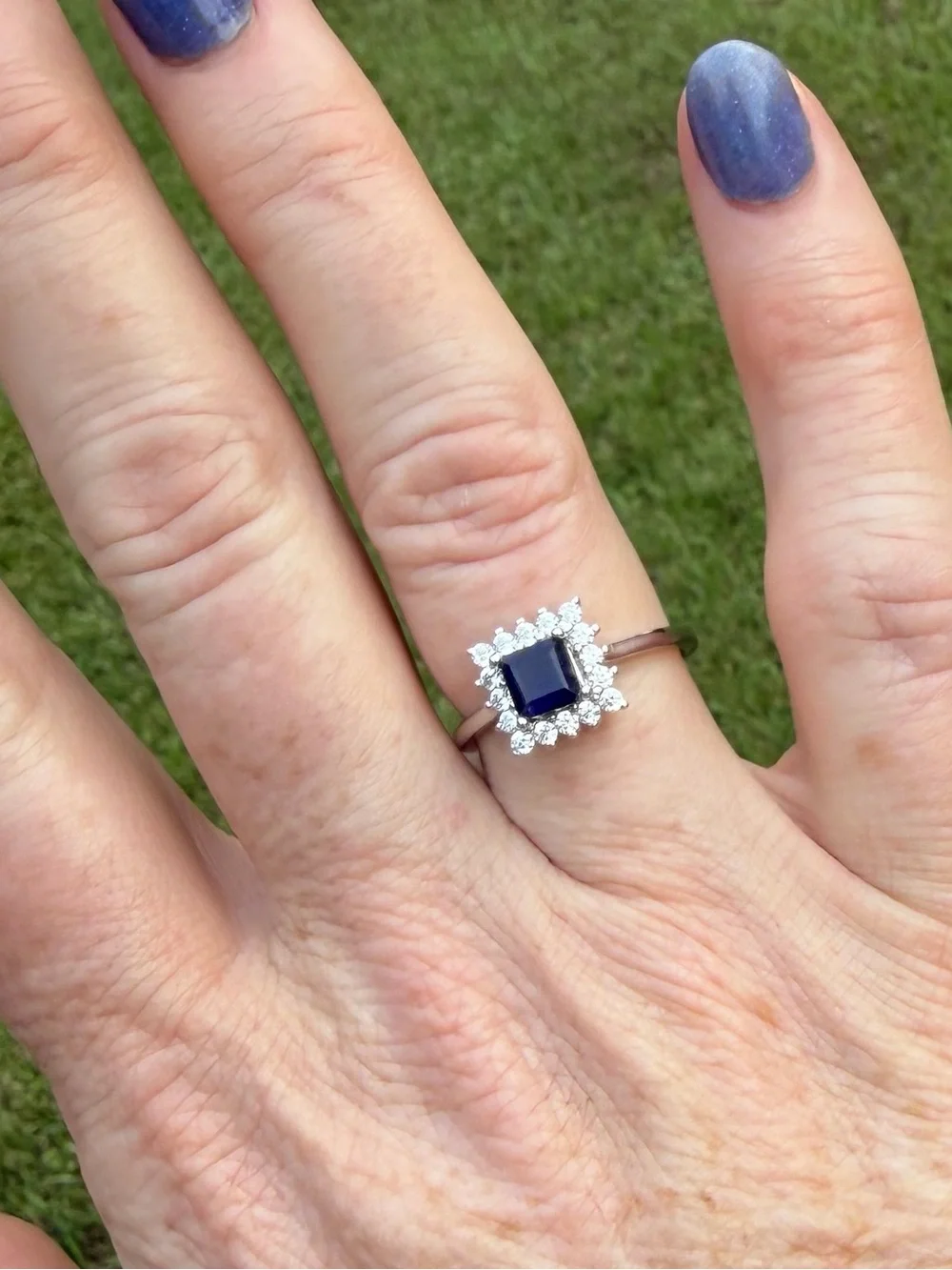 Natural Blue Sapphire Square .80CT w/starburst Halo 925 Sterling Silver Ring - 8
